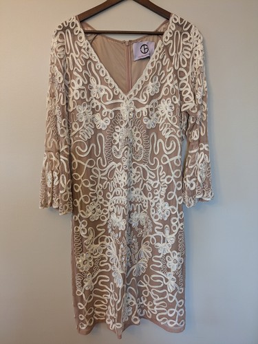 JS Collections Cocktail Dress Bell Sleeve Beaded Soutache Pink Taupe Elegant 14