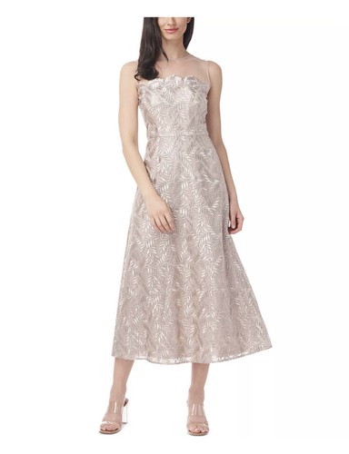JS Collections Womens Embroidered Mesh Dress Champagne Size 14 Defected