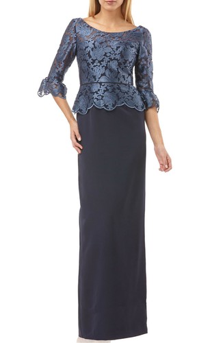 JS Collections Embroidered Mesh Peplum Gown  Ballet neck  Lined Size 4  $318 NWT