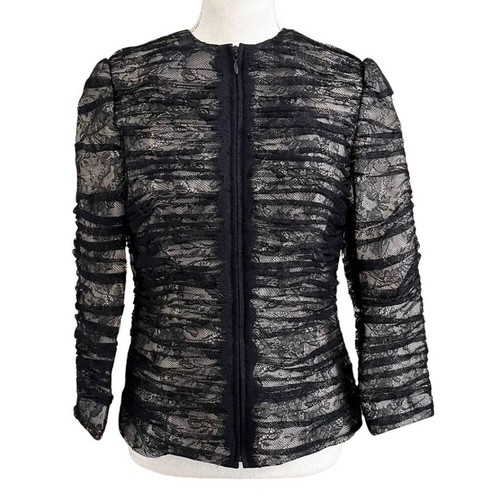 JS COLLECTIONS JS COLLECTION NUDE BLACK OPEN PLEATED LACE OVERLAY ZIP UP FORMAL JACKET   6
