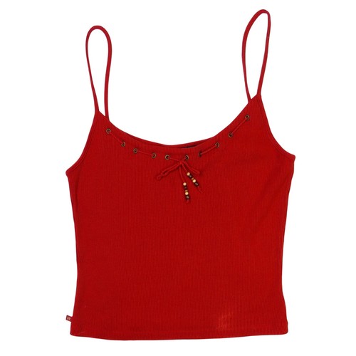 LAUREN RALPH LAUREN 1990s Vintage Ralph Lauren Ribbed Knit Red Tank Top Cami Wooden Beaded Medium