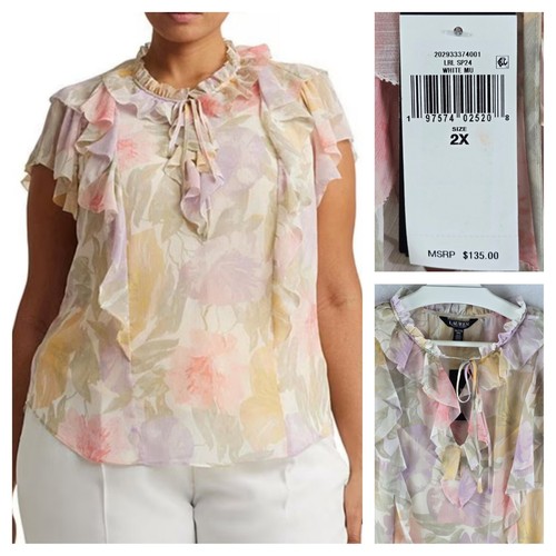 $135 Lauren Ralph Lauren Plus 2X Georgette Pastel Floral Ruffled Flowy Lover Top