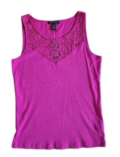 LAUREN RALPH LAUREN Ralph Lauren Women's Sz XL Tank top Pink Ribbed Cotton Lace Cutwork Neckline
