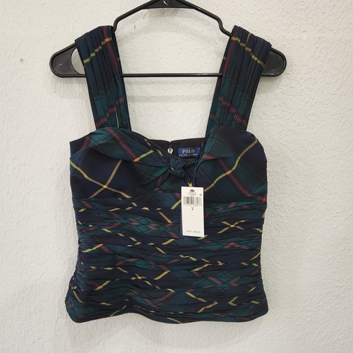 LAUREN RALPH LAUREN Polo Ralph Lauren Sleeveless Top Womens 4 Fitted Dressy Navy Blue Plaid