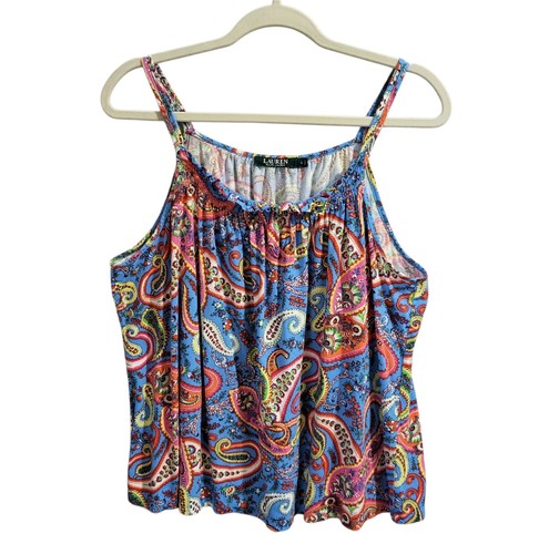 Lauren Ralph Lauren Camisole Top Sz L Blue Paisley Spaghetti Strap Boho Festival