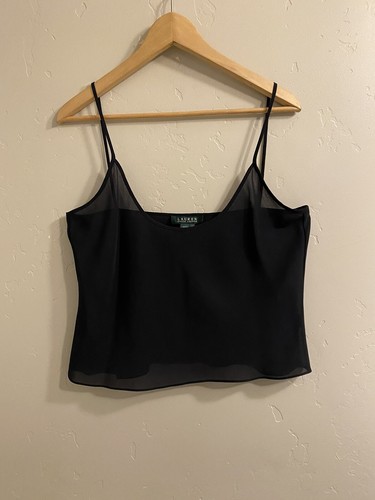 LAUREN Ralph Lauren Camisole Top Womens Size 12 Navy Blue V Neck Semi Sheer
