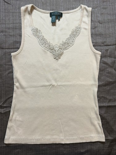 Lauren Ralph Lauren Striped Top Lace Trim Cotton V Neck Sleeveless Stretch Sz S