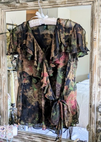 LAUREN RALPH LAUREN Ralph Lauren Size 6 Silk Chiffon Black Rose Floral Wrap Ruffle Top with Cami