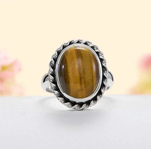 Tiger's Eye Oval Gemstone Ring 925 Sterling Silver Boho Ring Anniversary Gift