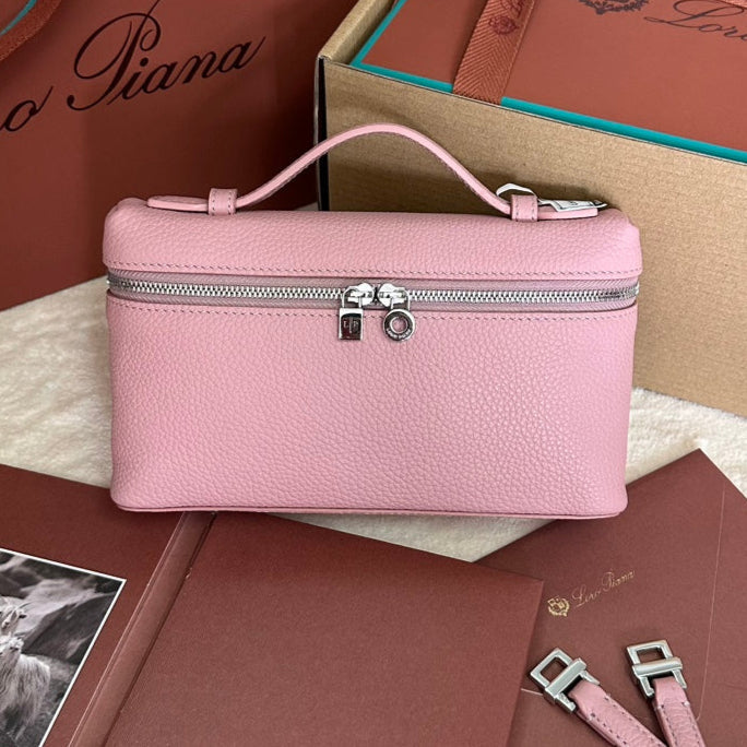 LORO PIANA BAG EXTRA POCKET L19 IN FLAMINGO PINK GRAINED CALFSKIN WITH SILVER HARDWARE