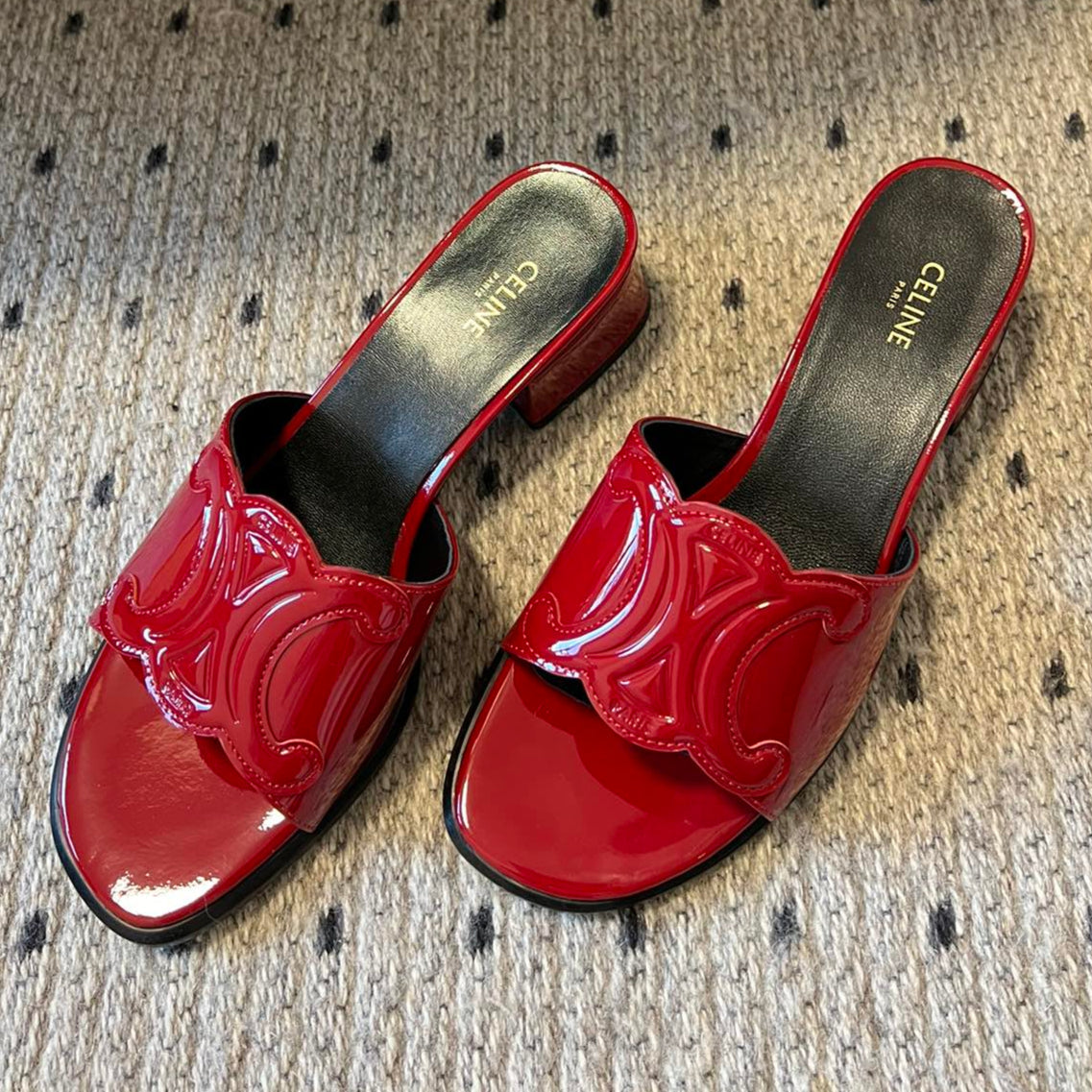 CELINE SHOES CLEMENCE MULE IN RUBY RED LAMBSKIN AND PATENT CALFSKIN