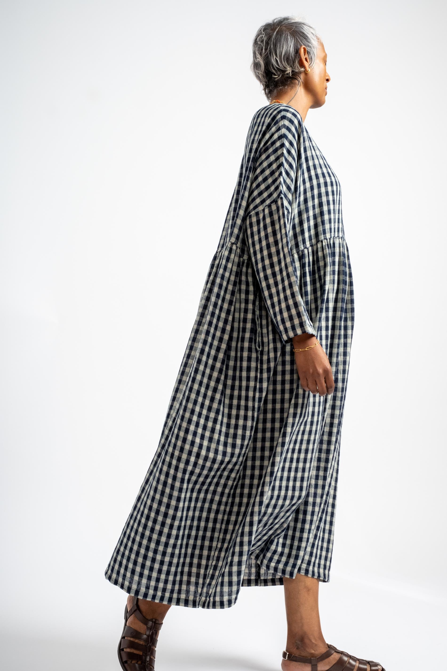 ICHI ANTIQUITÉS Gingham Dress in Indigo + Natural