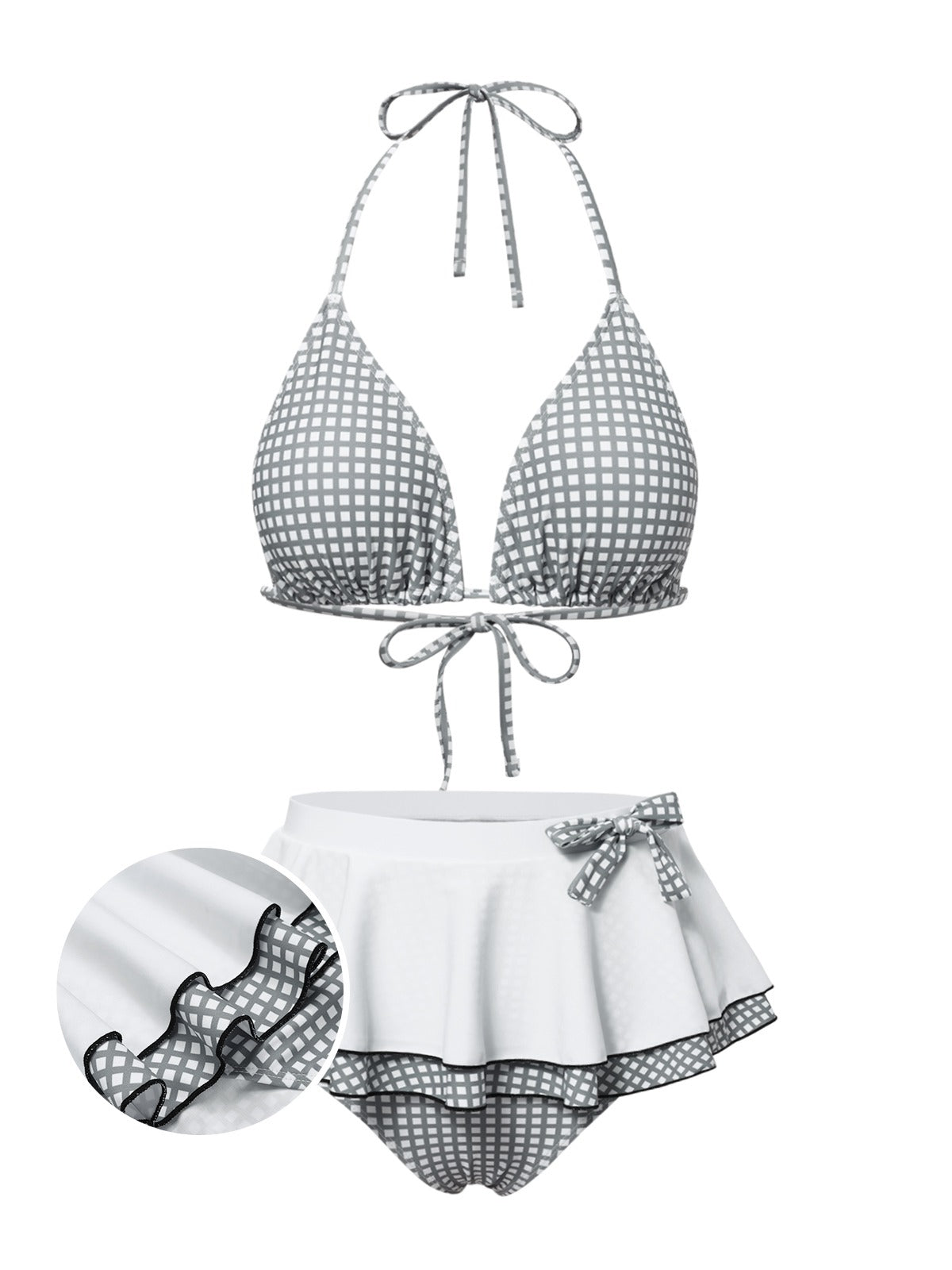 RETRO STAGE [Pre Sale] Gray & White 1940s Gingham Plaid Bow Halter Swimsuit