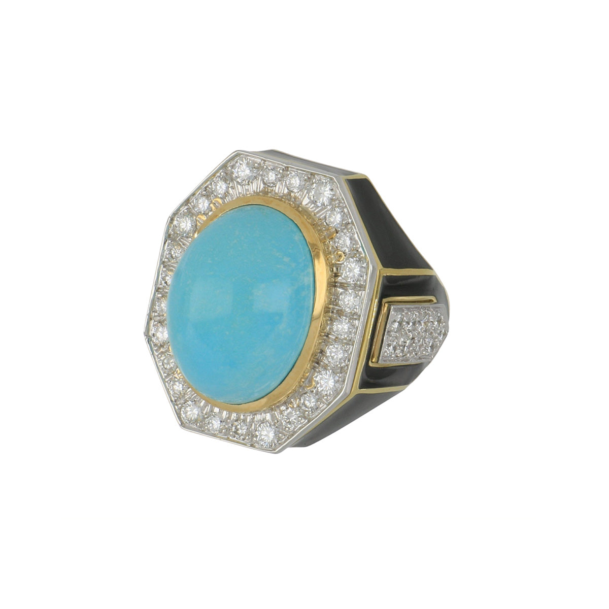 WALK IN Vintage David Webb Two Tone Turquoise  Black Enamel & Diamond Plaque Ring