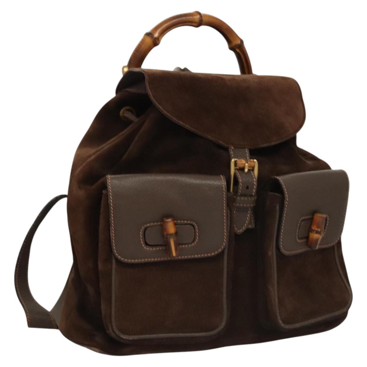 GUCCI Bamboo Backpack Suede Leather Brown Gold 003 58 0016 Auth ep8216