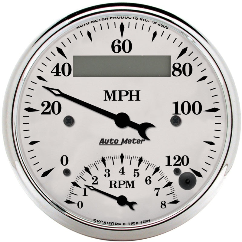 AutoMeter Gauge Tach/Speedo 3 3/8in. 120MPH & 8K RPM Elec. Program. Old Tyme Wht