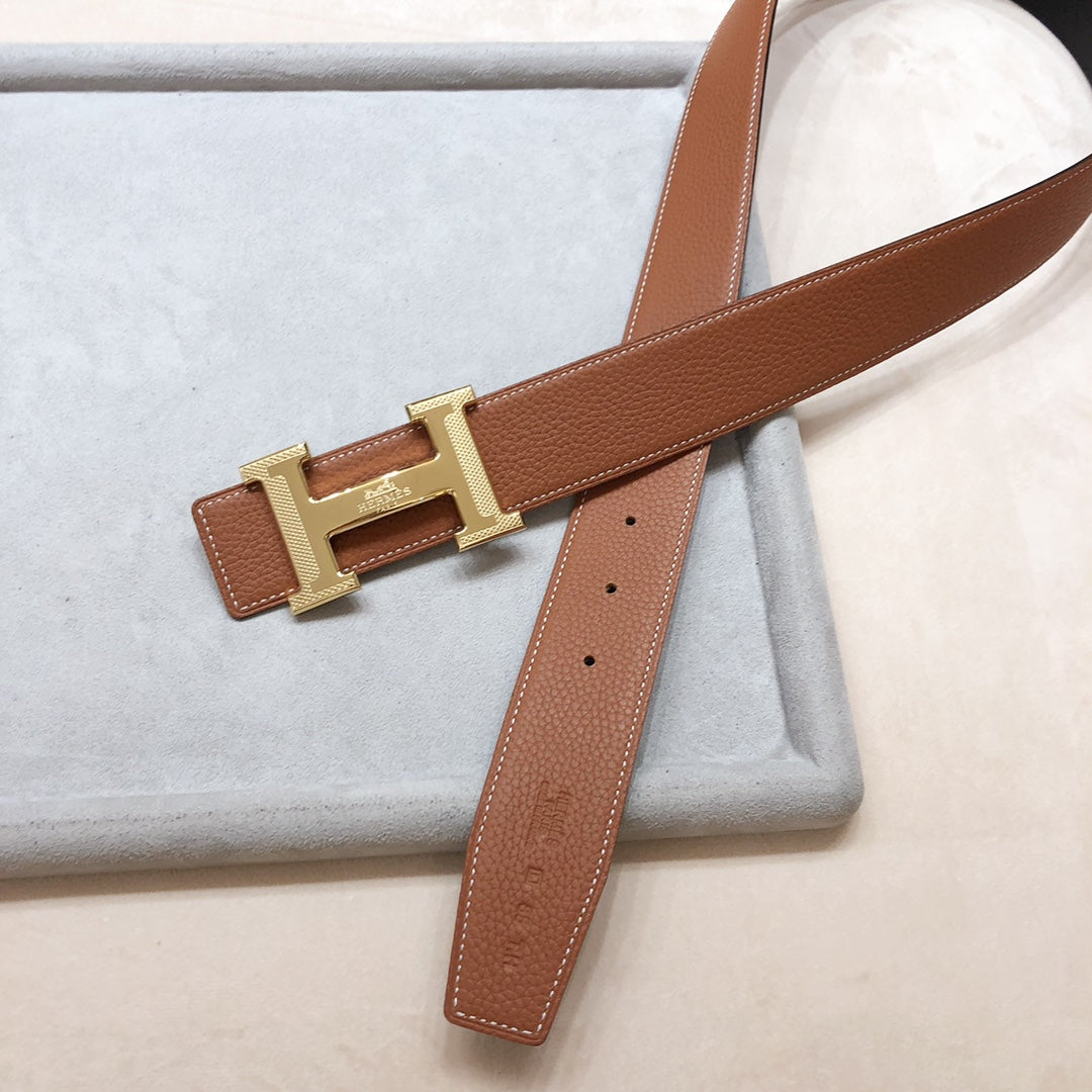 HM BELT HM H D'ANCRE BELT BUCKLE & REVERSIBLE BRONZE BROWN LEATHER STRAP 38 MM GOLD HARDWARE