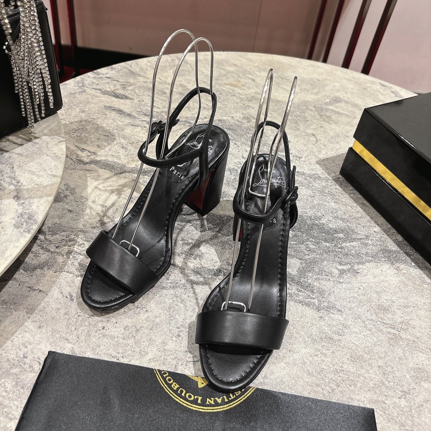 CHRISTIAN LOUBOUTIN SHOES MISS JANE HEELED SANDALS 85MM IN BLACK CALFSKIN