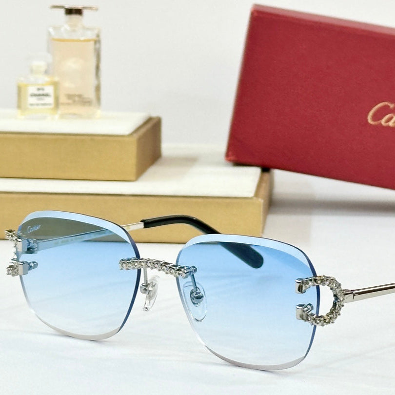 CARTIER SUNGLASSES CRYSTAL STUDDED RIMLESS SQUARE FRAME SUNGLASSES CT0604S IN METAL