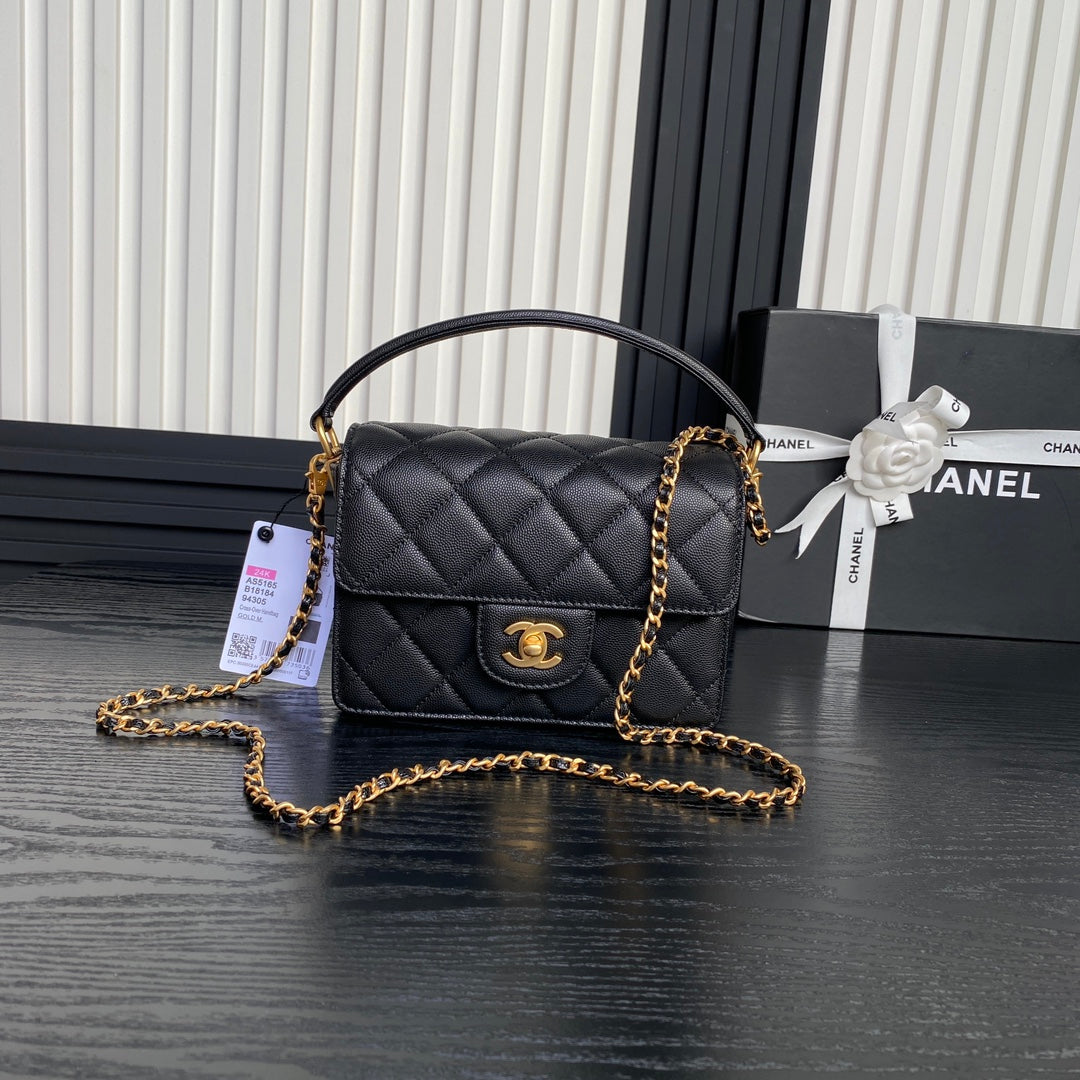 CHANEL BAG RETRO STYLE FLAP BAG 19 IN BLACK GRAINED CALFSKIN GOLD HARDWARE