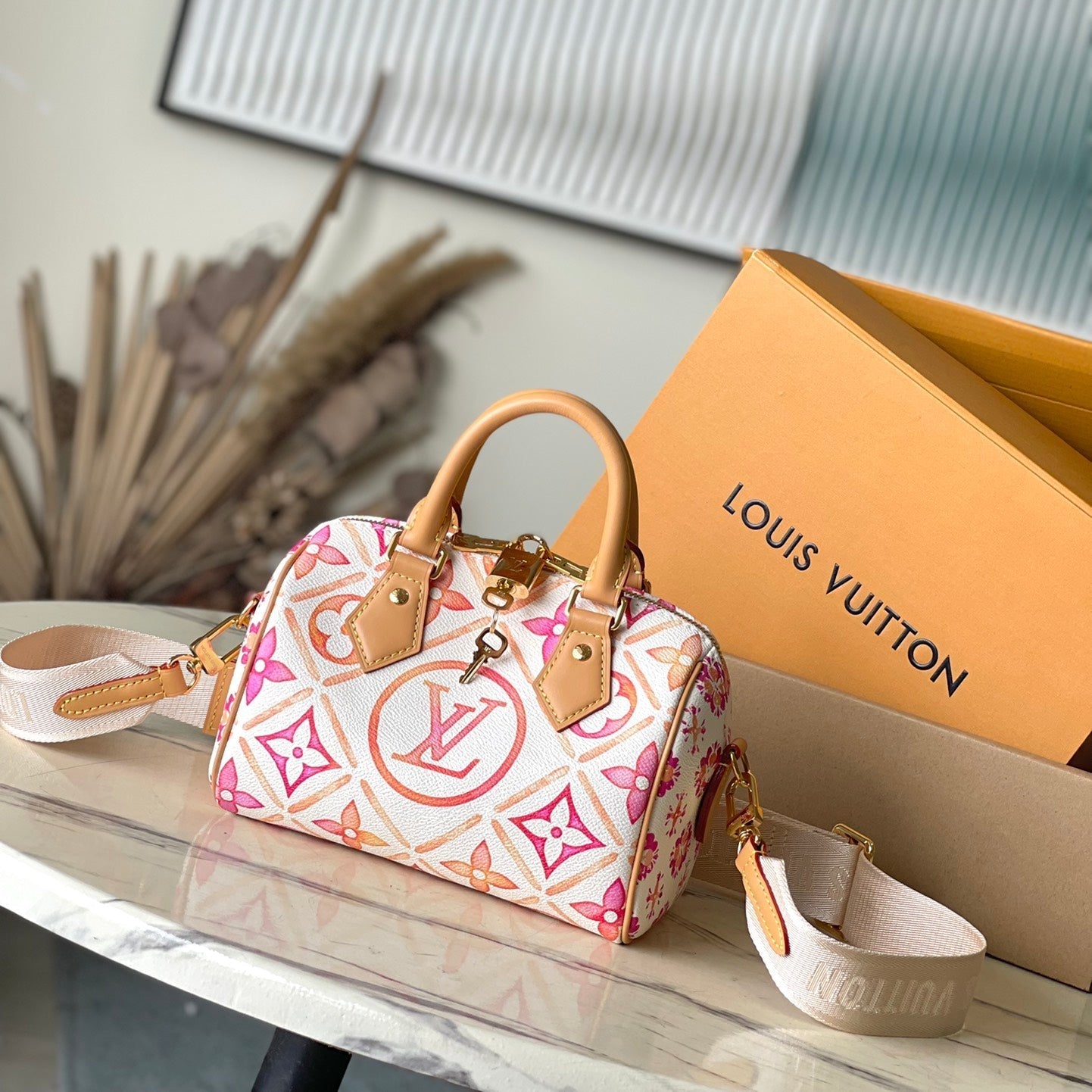 LV BAG SPEEDY BANDOULIÈRE 20 IN CORAL MONOGRAM TILES CANVAS GOLD BUCKLE