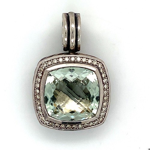 Sterling Silver David Yurman Prassiolite Center And Round Diamond Halo Pendant