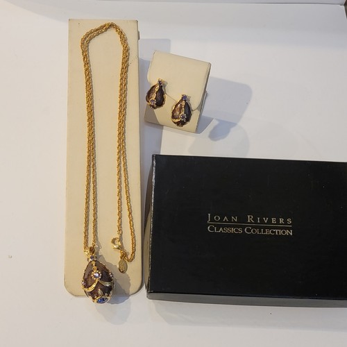 Vtg Joan Rivers Faberge Purple Egg Rhinestone Enamel Necklace & Earrings Set NIB