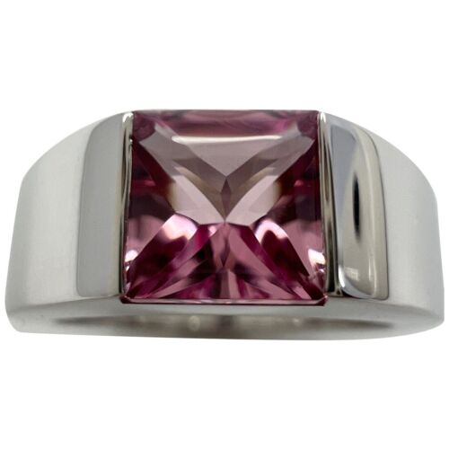 Vintage Cartier Vivid Pink Tourmaline 18 Karat White G Tank Band Ring 50