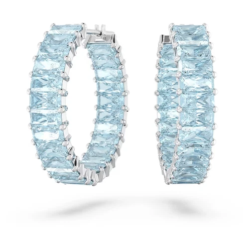 Swarovski Crystal Matrix Hoop Earrings Baguette Cut Blue, Rhodium Plated 5659037