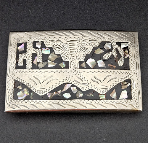 Vintage Mexican Alpaca Silver Belt Buckle Abalone Inlay Temple Landscape Design