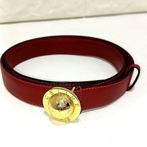 CELINE Waist Belt G Logo star ball Bukle Leather Red woman from Japan