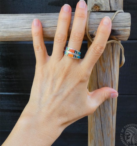 Native American Navajo Turquoise Multi Inlay Wedding Band Ring Sizes 6   8