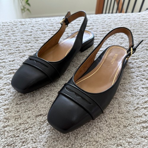 NEW Vionic LYNDA Slingback FLATS Square Toe Classic Black Leather 8 COMFORT