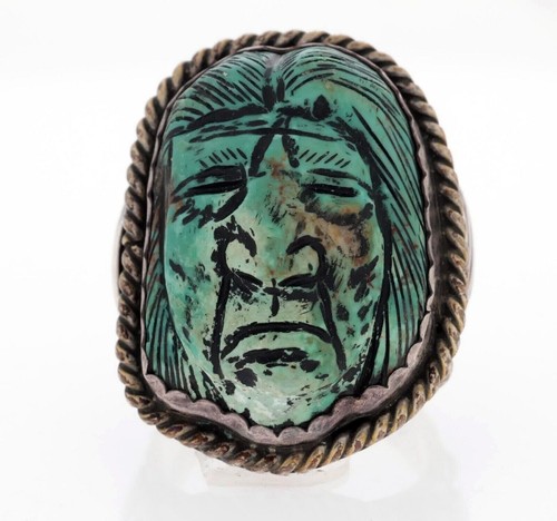 Vintage Francisco Gomez Ring 925 Sterling Silver Carved Turquoise Indian Chief