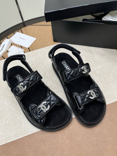 BRANDBLACK Chanel Black Quilted Leather Dad Sandals with Crystal CC Logo – Size EU 36  23сm