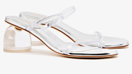 Sandali scarpe Larroude Dew Drop Specchio Mule vinile trasparente specchio argento nuovi con etichette 10