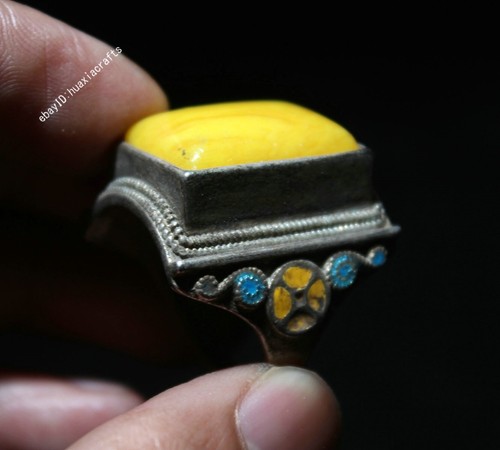 Collect Antique Chinese Silver gemstone beeswax Gem Jewelry Round Ring Statue