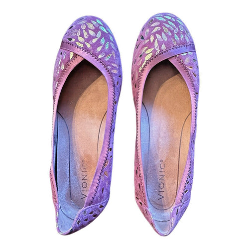 Vionic Caroll Ballet Flats Pink Foil Suede Slip On Comfort Shoes Size 8.5