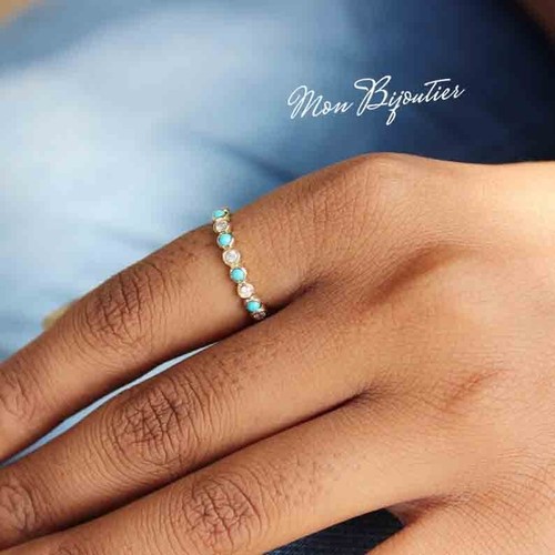 Natural Diamond & Turquoise Alternate Half Eternity Wedding Band Ring 14k Gold