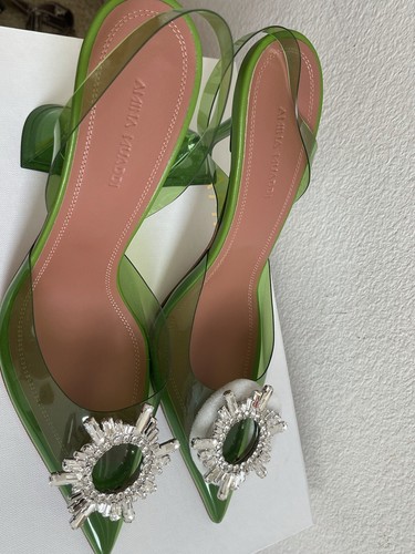 NEW Amina Muaddi Green Jungle Begum 90mm Embellished PVC Slingback Pumps