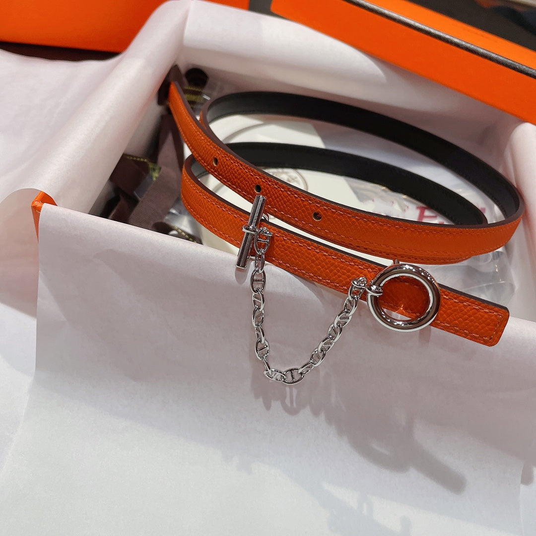 HM BELT H SILVER BUCKLE WOMEN'S BELT ORANGE BLACK LEATHER STRAP 1.3CM