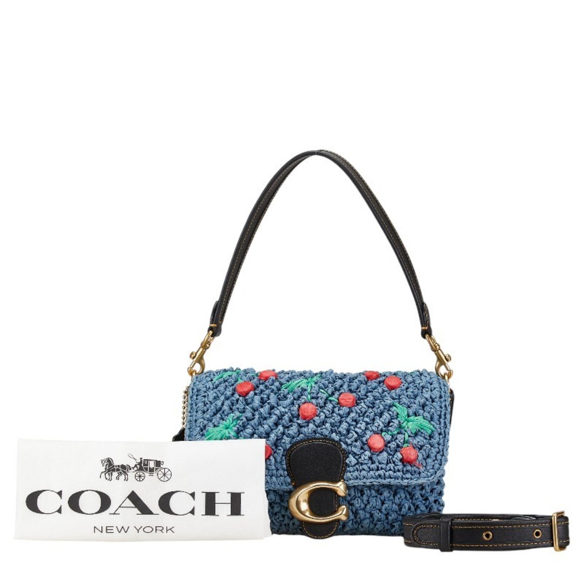 Coach Soft Tabby Embroidery Cherry Handbag Shoulder Bag CA033 Blue Black Straw Leather Women's COACH