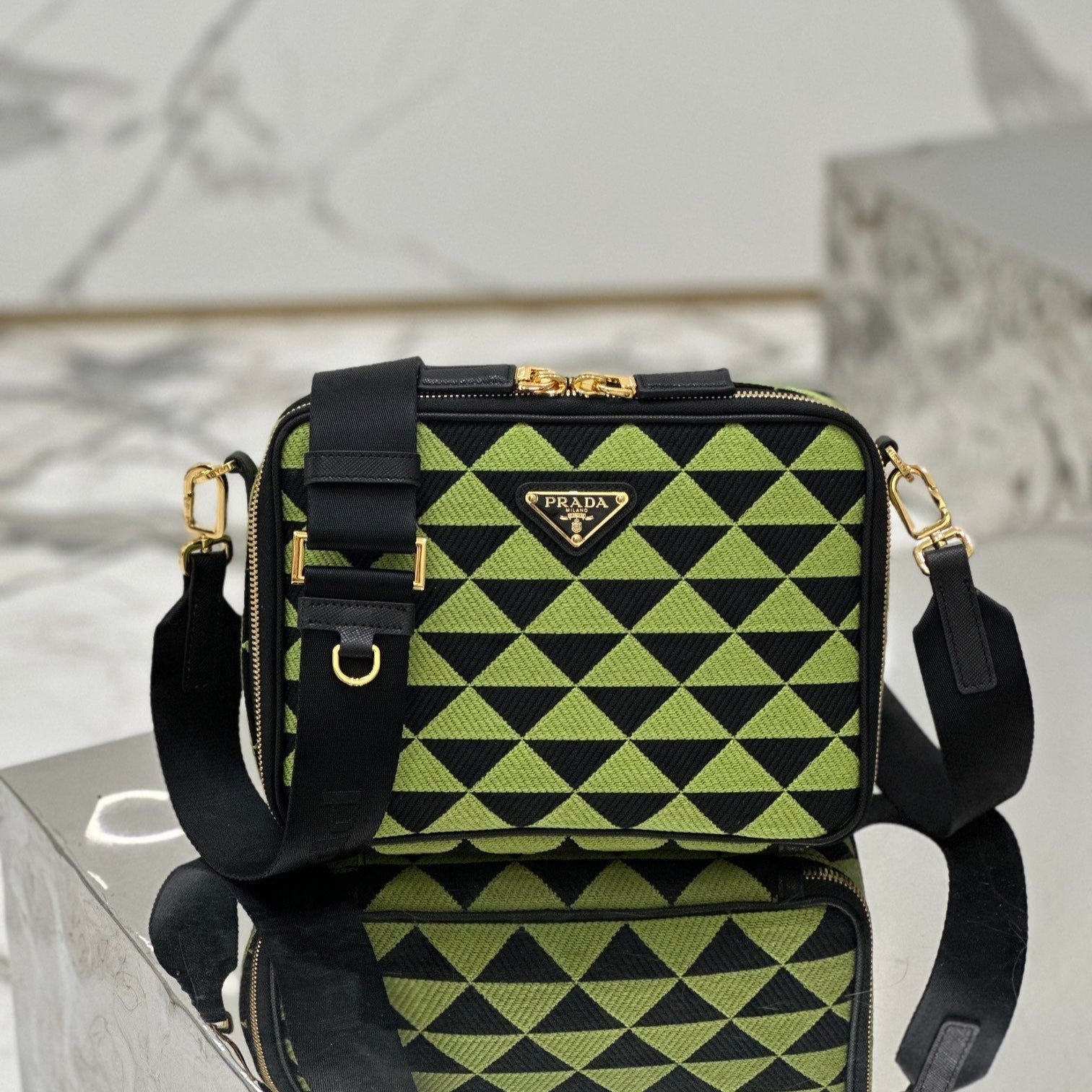 PRADA BAG MESSENGER BAG 22 IN OCADO GREEN AND BLACK EMBROIDERED FABRIC GOLD HARDWARE