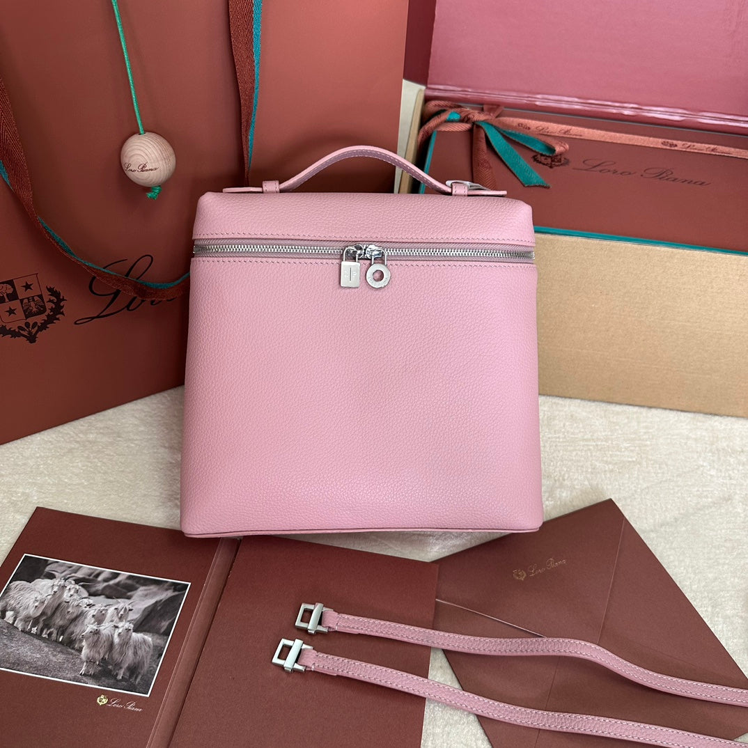 LORO PIANA BAG EXTRA POCKET BACKPACK L23.5 IN BABY PINK CALFSKIN WITH SILVER HARDWARE