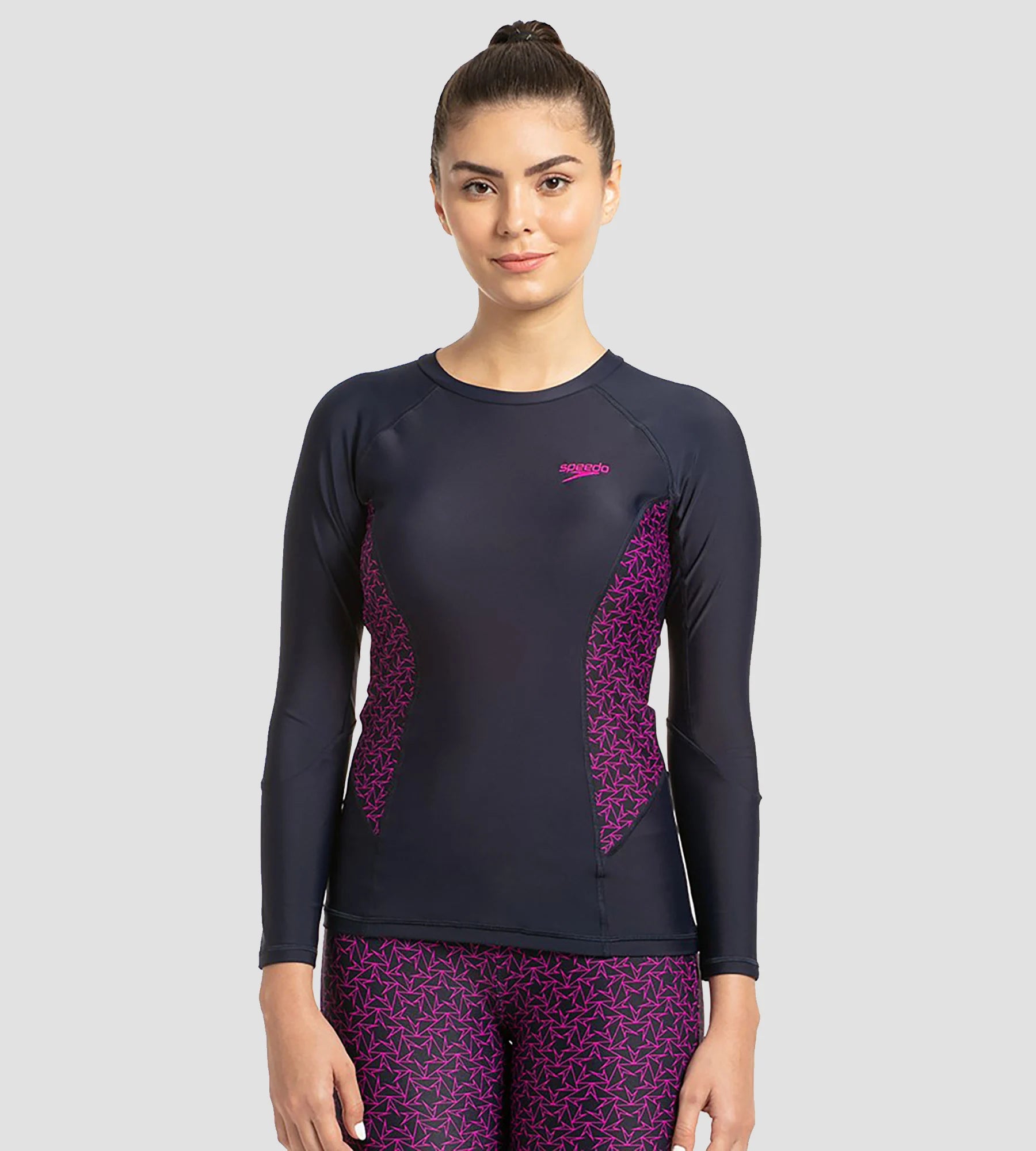 SPEEDO IN Women's Endurance Boomstar Printed Long Sleeve Suntop   True Navy & Electric Pink