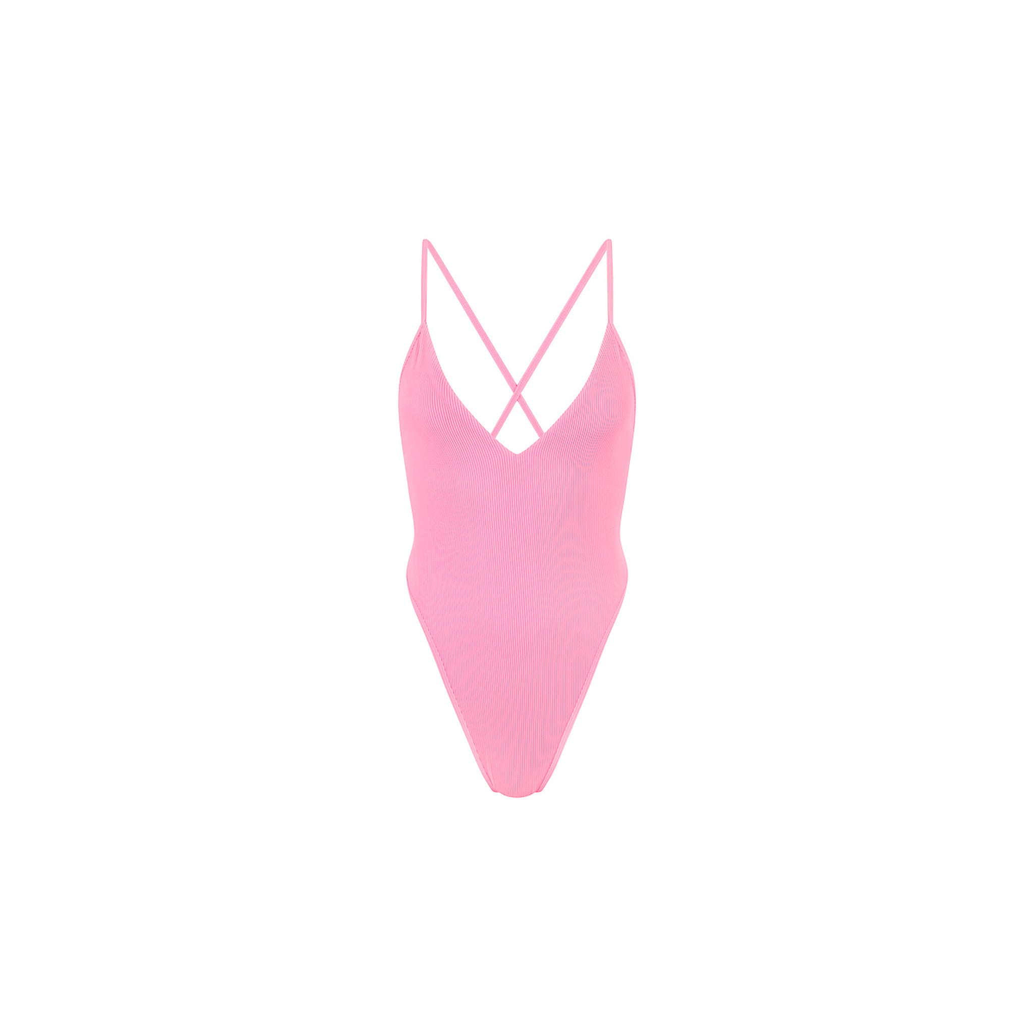 KULANI KINIS Plunge Cross Back One Piece   Taffy Pink Ribbed