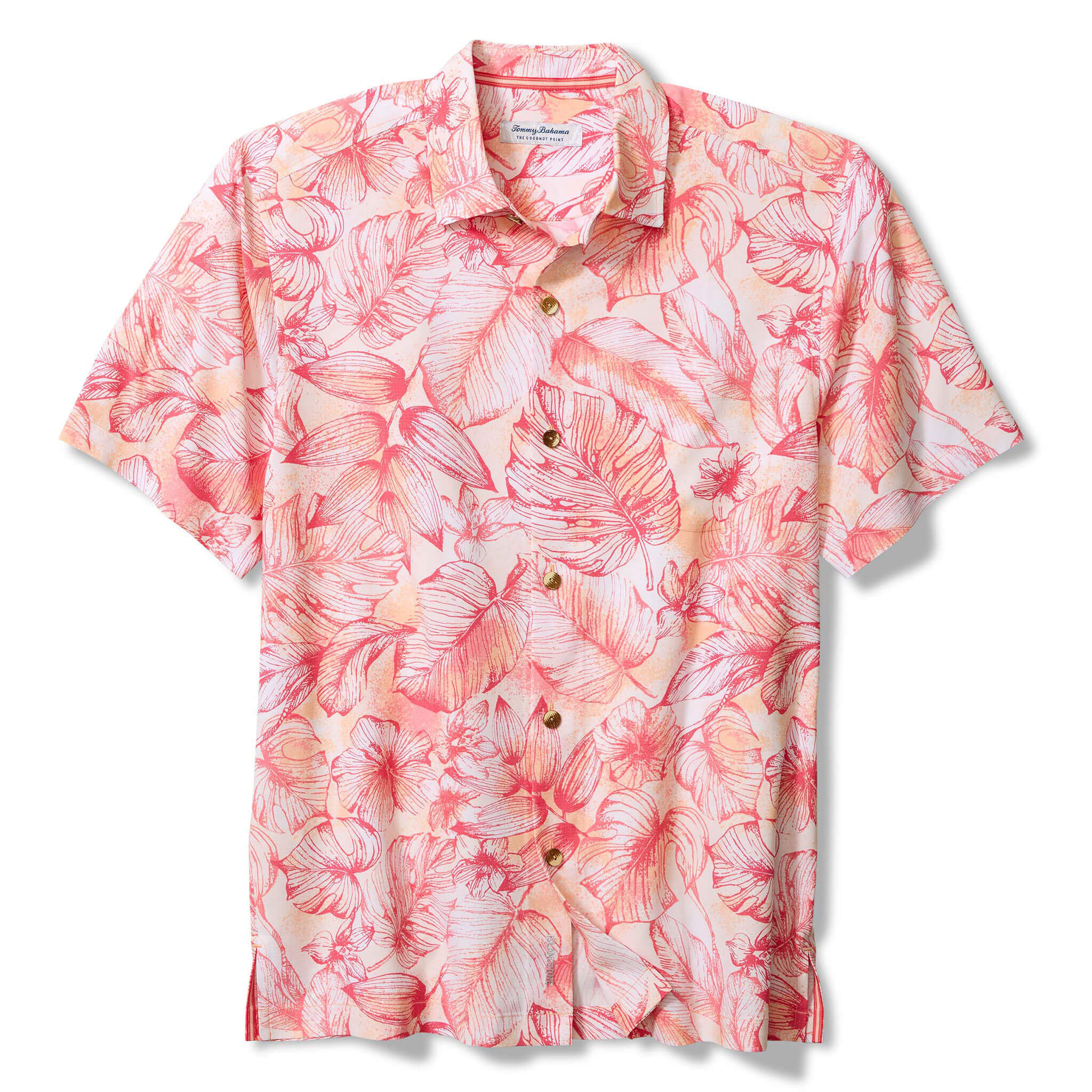 TOMMY BAHAMA MENS Tommy Bahama Men's Coastal Ease Frond Escape Camp Shirt   Pink Peach