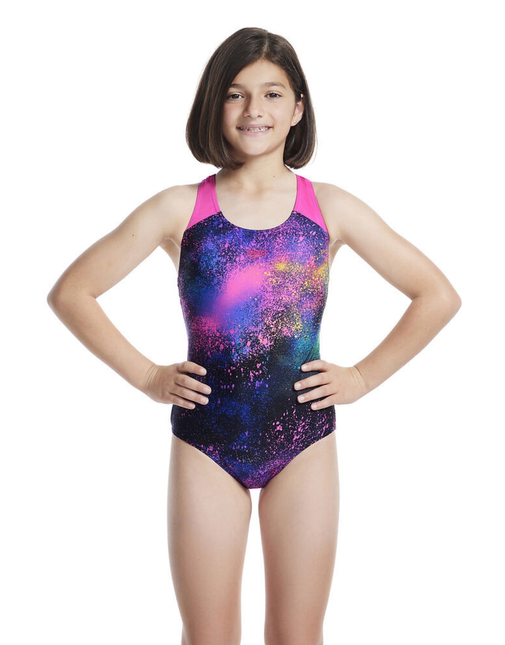 Speedo Girls Digital Allover Splashback Swimsuit   Black Pink