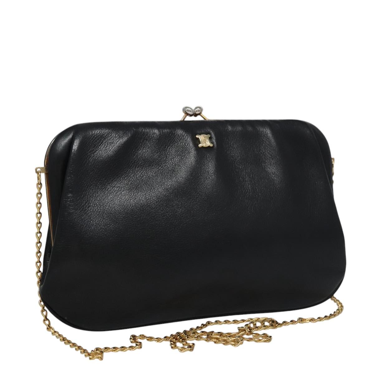 CELINE Chain Gamaguchi Shoulder Bag Leather Black Gold Auth BD611