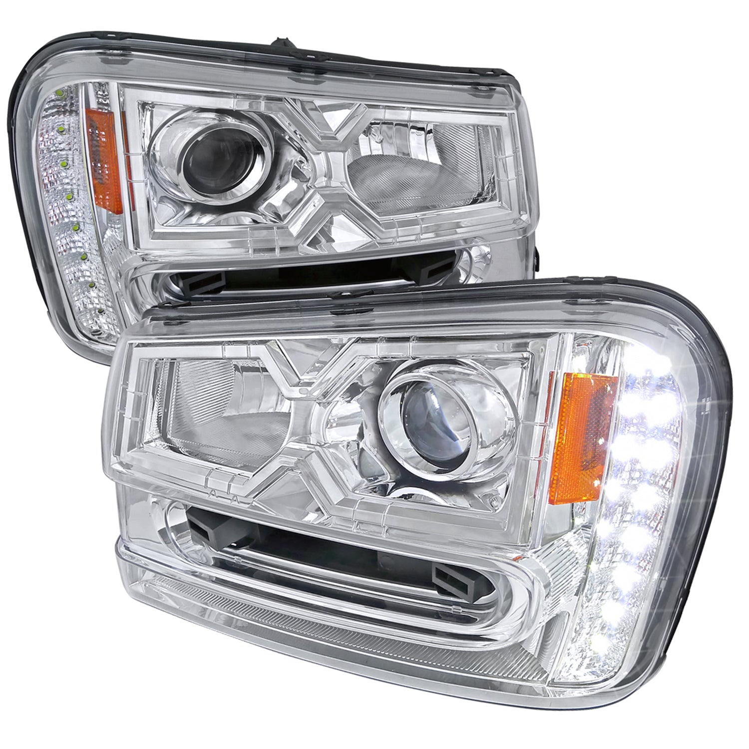 SPEC D TUNING 2002 2009 Chevy Trailblazer Projector Headlights LED Light Strip Chrome/Clear
